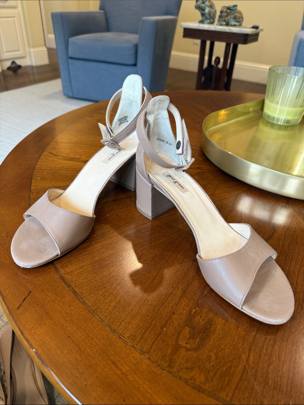 Paul Green Block Heel Ankle Strap Sandals in Taupe